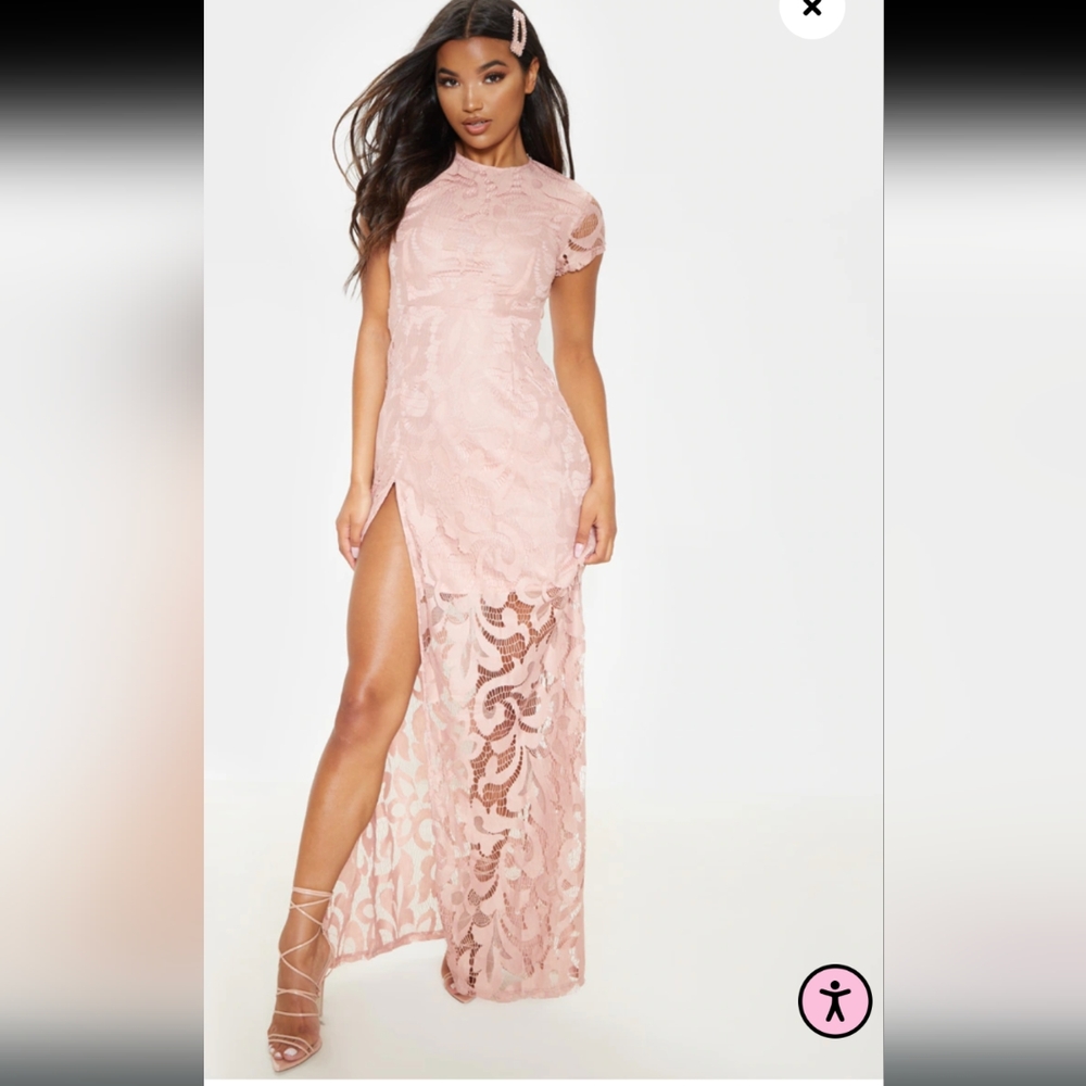 Nude Lace Split Maxi Dress